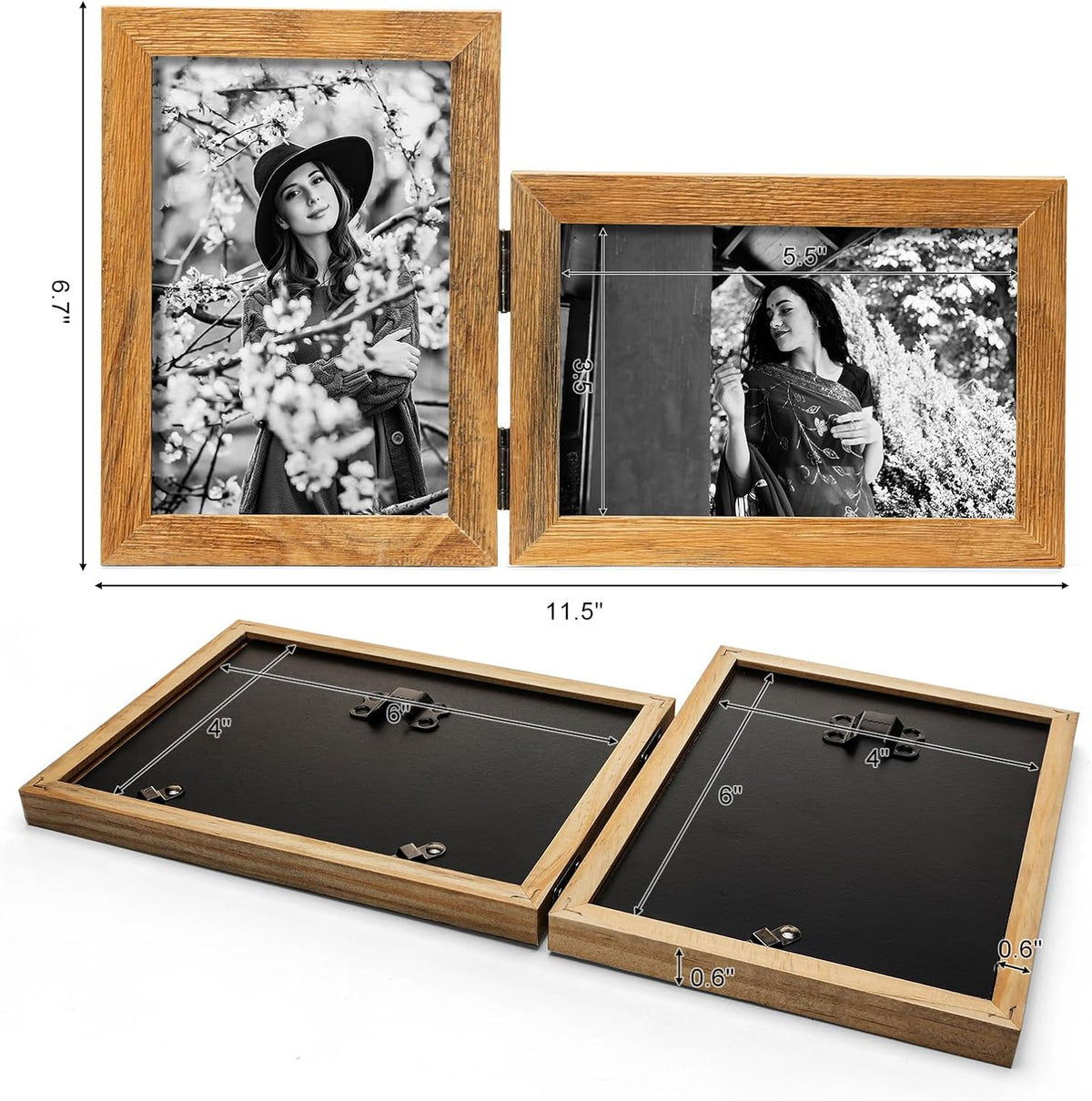 Double 4x6 Hinged Picture Frame Vertical Horizontal Folding Photo Frame Pine Wood with Real Glass, Matted to 3x5, Table Desktop Free-Standing or Wall Art Display, Brown
