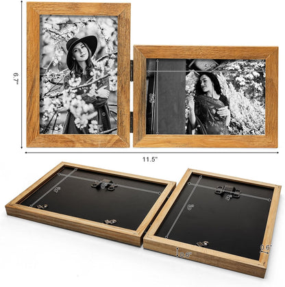Double 4x6 Hinged Picture Frame Vertical Horizontal Folding Photo Frame Pine Wood with Real Glass, Matted to 3x5, Table Desktop Free-Standing or Wall Art Display, Brown