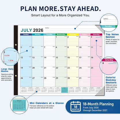 Large Desk Calendar 2026-2027 - 18-Month Jul 2026 - Dec 2027, 22x17in