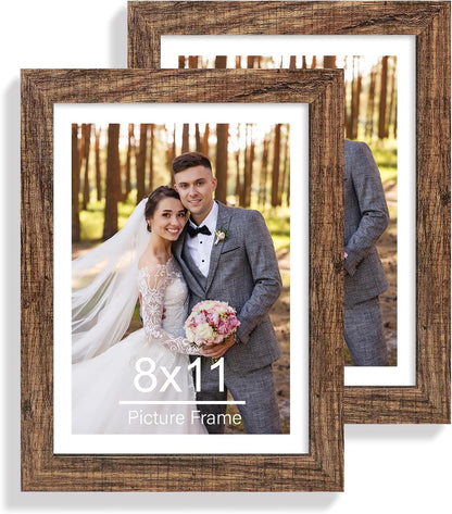 Hongkee 8x11 Picture Frame Set of 2, Real Glass, Rustic Brown Wood Frame