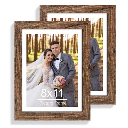 Hongkee 8x11 Picture Frame Set of 2, Real Glass, Rustic Brown Wood Frame