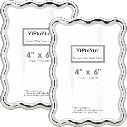 YiPinYin 4x6‘’ Gold Picture Frames Set of 2,High-End Heavy Duty Zinc Alloy Photo Frames with Wave Design,Velvet Backing, Dual Use for Desktop Display & Wall Hanging