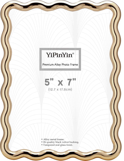 YiPinYin 4x6‘’ Gold Picture Frames Set of 2,High-End Heavy Duty Zinc Alloy Photo Frames with Wave Design,Velvet Backing, Dual Use for Desktop Display & Wall Hanging