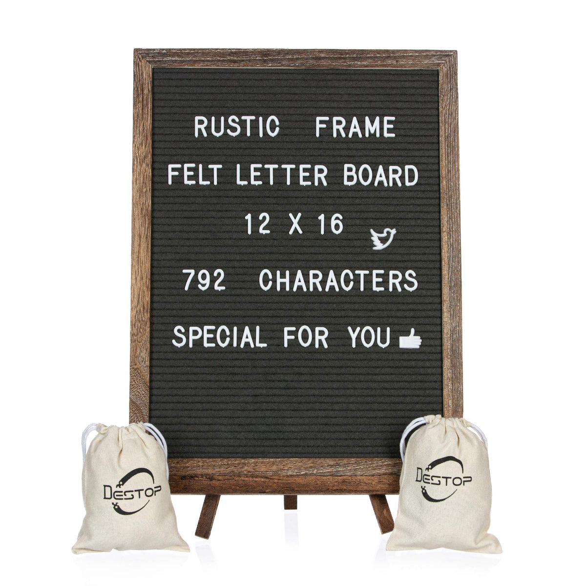 Felt Board With Rustic Vintage Frame and Stand 12x16 Inch,Grey Changeable Message Board Includes 792 Letters, Numbers and Symbols,Hook to Hang, 2 Canvas Bags