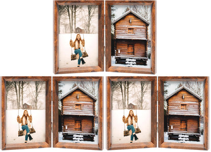 TOFOREVO 4x6 Double Picture Frame Rustic Brown Wooden Hinged Beveled Photo Frame Definition Glass 2 Vertical Openings Stand on Desktop Tabletop