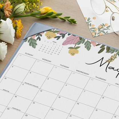Cabbrix Desk Calendar 2026-2027 with Desktop Mat, Floral Desk Pad Calendar 15 x 12 Inch 18 Months Runs From July 2026 to December 2027, Desk Blotter Calendar for Home School and Office (Blue)