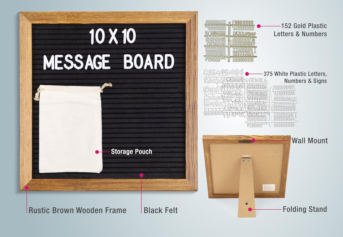 Real Wood Framed Felt Letter Board, Changeable Message Board, 10" x 10", Folding Stand and Wall Mount, 500+ Pieces of White & Gold Letters, Numbers, Words & Symbols, by Better Office Products (Rustic