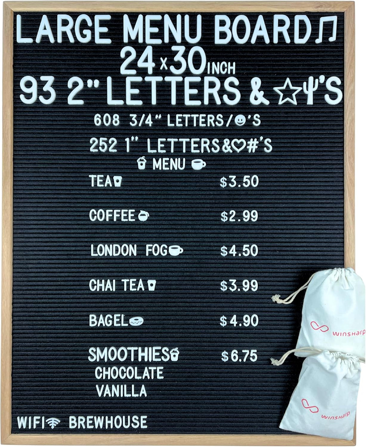 Large Black Felt Letter Board | 24"x30" Classy Dark Stained Wooden Frame with White Letters | Premium Changeable Sign Boards for Price List Message Letterboard With Stand for Small Business