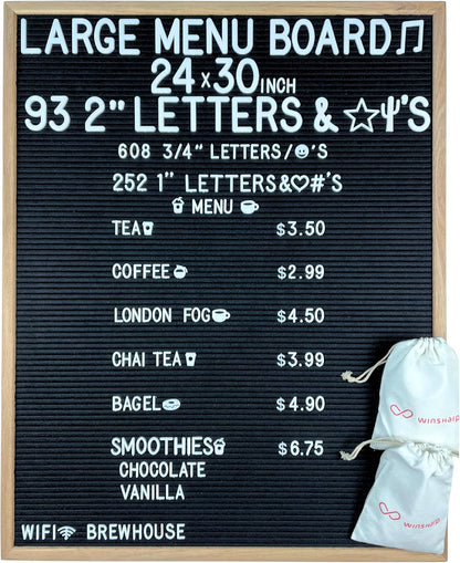 Large Black Felt Letter Board | 24"x30" Classy Dark Stained Wooden Frame with White Letters | Premium Changeable Sign Boards for Price List Message Letterboard With Stand for Small Business