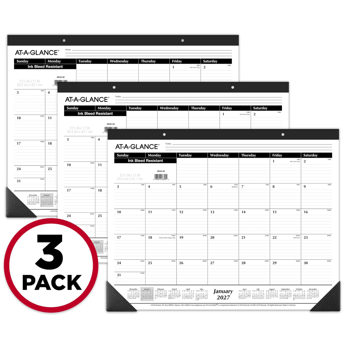 AT-A-GLANCE 2027 Desk Pad Calendar, Monthly Desk Wall Planner, 21.75" x 17", Ruled Blocks (SK240027), White