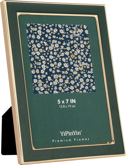 YiPinYin 5x7''Jasper Green Enamel Picture Frames with Gold-Plated Metal Frame Design,HD-Real Glass & Velvet Back,for Countertop,Tabletop Display,Bookshelf,Wall Décor