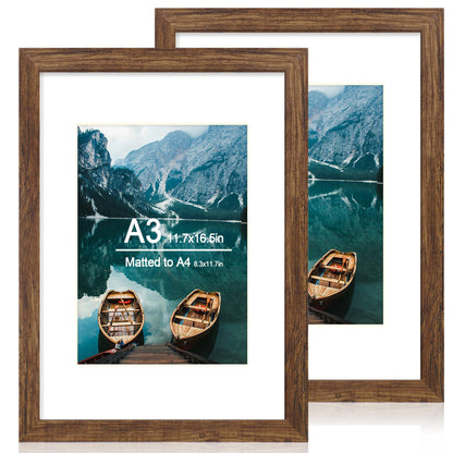 Hongkee 8x11 Picture Frame Set of 2, Real Glass, Rustic Brown Wood Frame