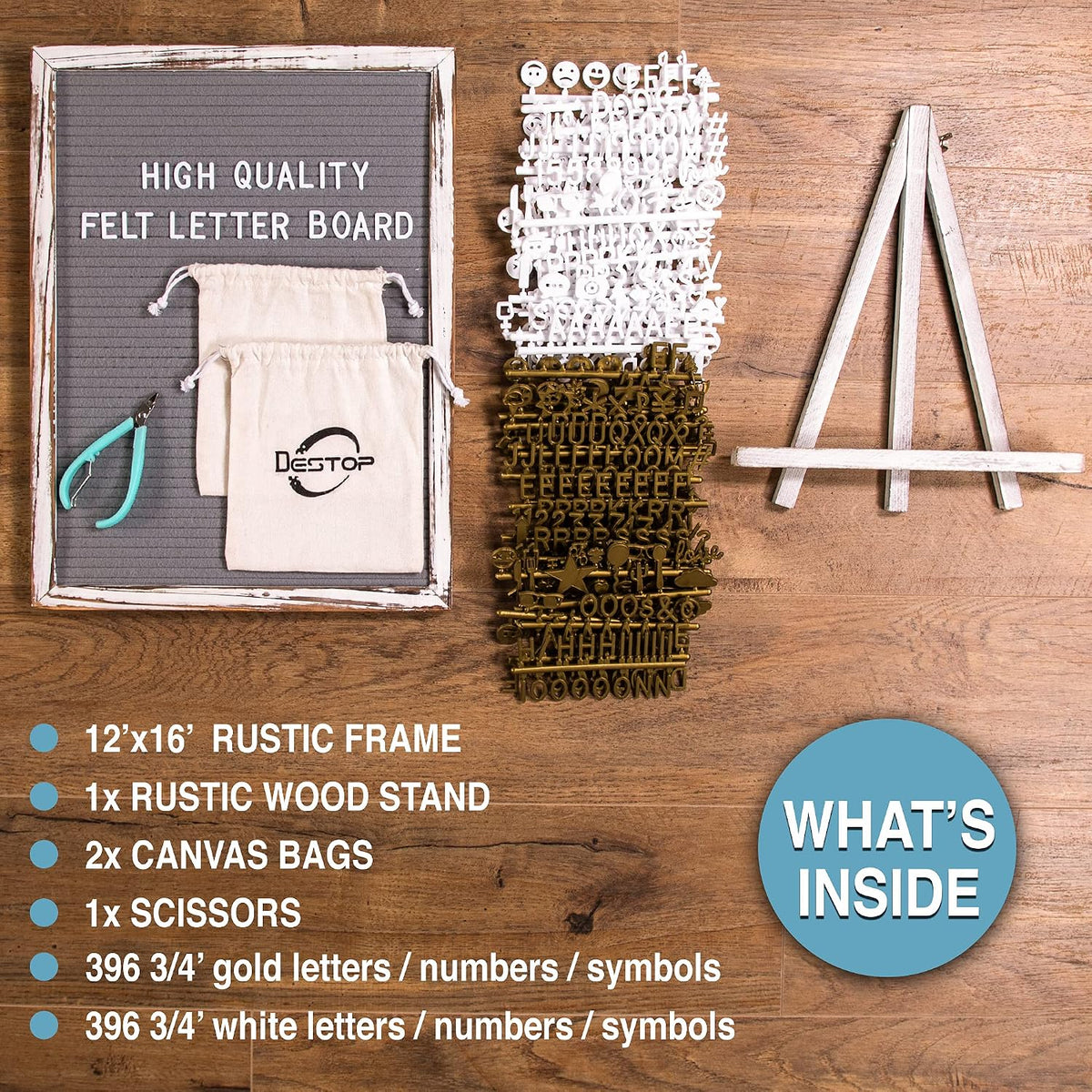 Felt Board With Rustic Vintage Frame and Stand 12x16 Inch,Grey Changeable Message Board Includes 792 Letters, Numbers and Symbols,Hook to Hang, 2 Canvas Bags