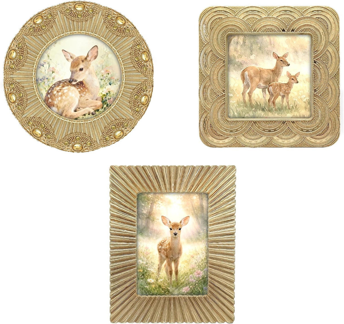 Classic Gold 1920s Mini Frame Set/Set of 3/2.5x2.5 & 2.5x3.5 In | For Tabletop Display | Perfect for Home Decor, Wedding, Graduation, Or Milestone Photos