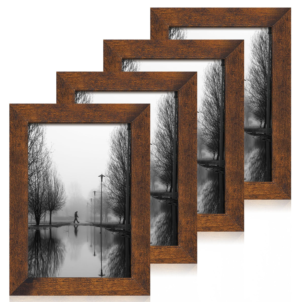 iRahmen 8x10 Picture Frame Set of 4, High Definition Real Glass Rustic Brown Frame, 8 x 10 Wood Photo Frames for Desktop Display and Wall Mounting