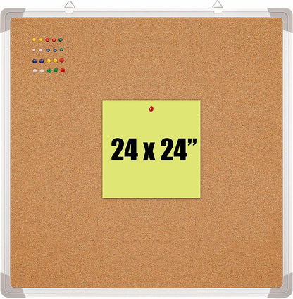 Cork Board 24x24 in, Framed Wall Hanging Bulletin Board with 10 Thumb Tacks