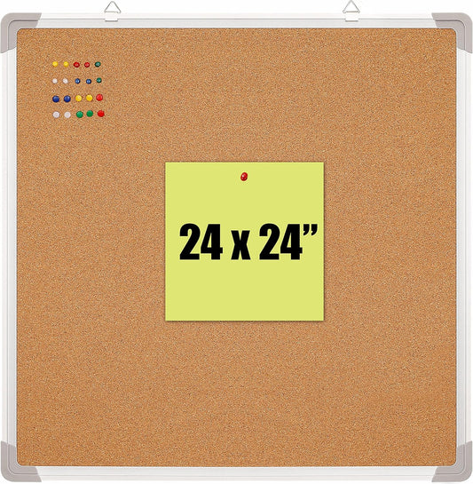 Cork Board 24x24 in, Framed Wall Hanging Bulletin Board with 10 Thumb Tacks